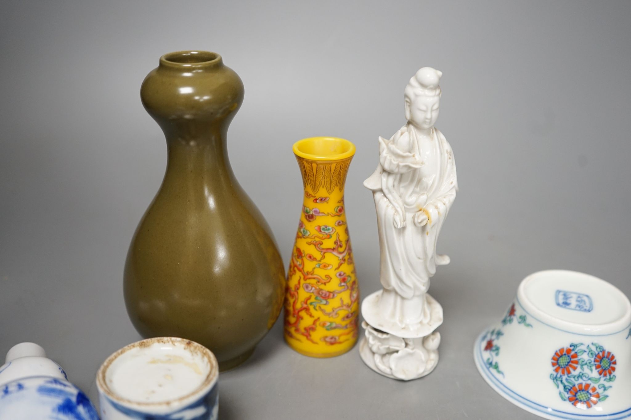 A group of Chinese ceramics including a tea dust vase, blanc de chine figure, famille rose box and cover etc., tallest 16cm